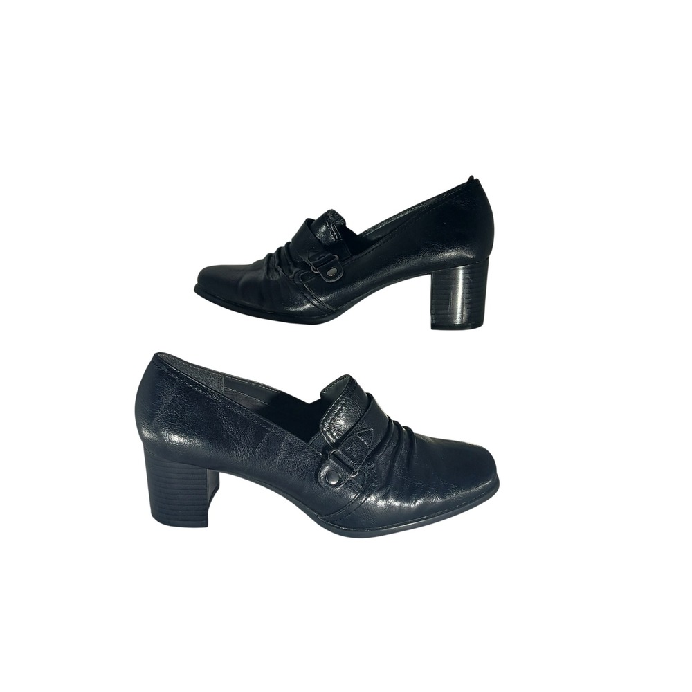 A2 Aerosoles Heeled Loafers 8 Black Block Heel Square Toe Officecore Buckle